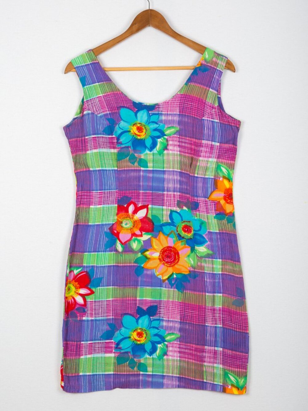VTG Jams World Vibrant Tropical Floral Plaid Shift Dress Size 7 Excellent Cond